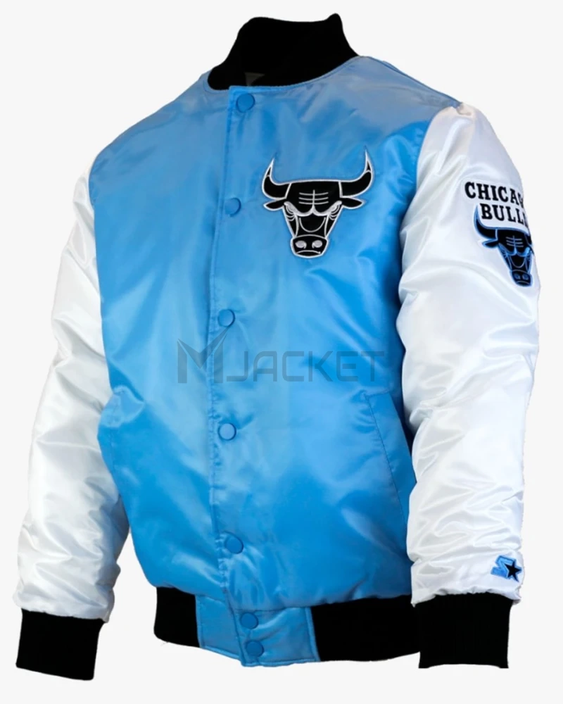 Chicago Bulls Tobacco Road Blue and White Satin Varsity Jacket - image 1