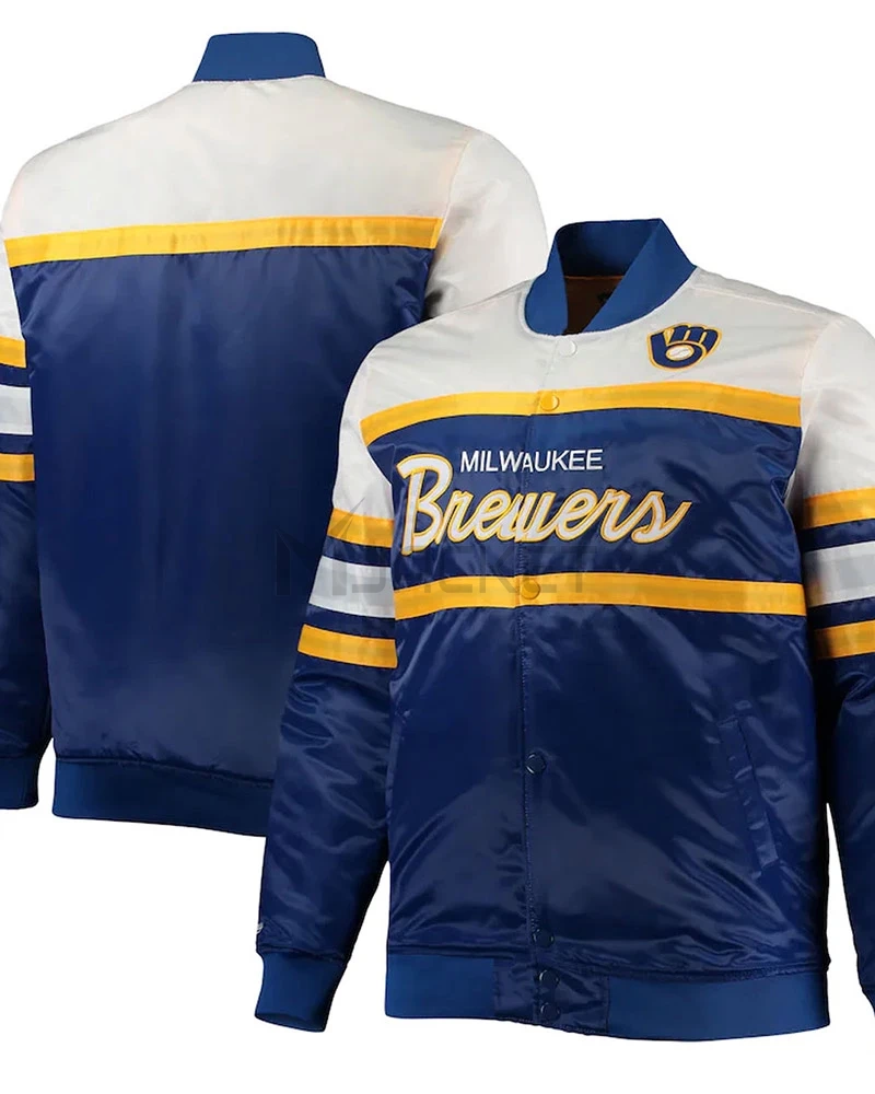 Coaches Milwaukee Brewers Royal and White Satin Jacket - image 3