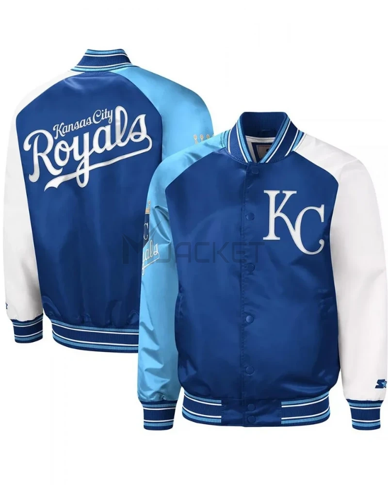 Kansas City Royals Reliever Royal and Light Blue Varsity Satin Jacket - image 3