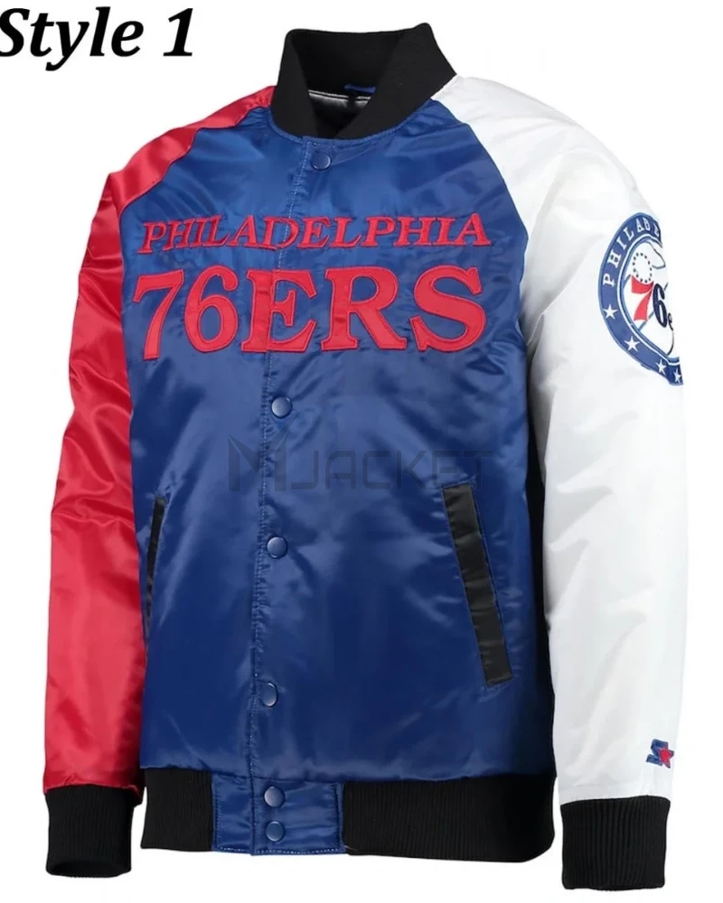 Philadelphia 76ers Red and Royal Blue Varsity Satin Jacket - image 1