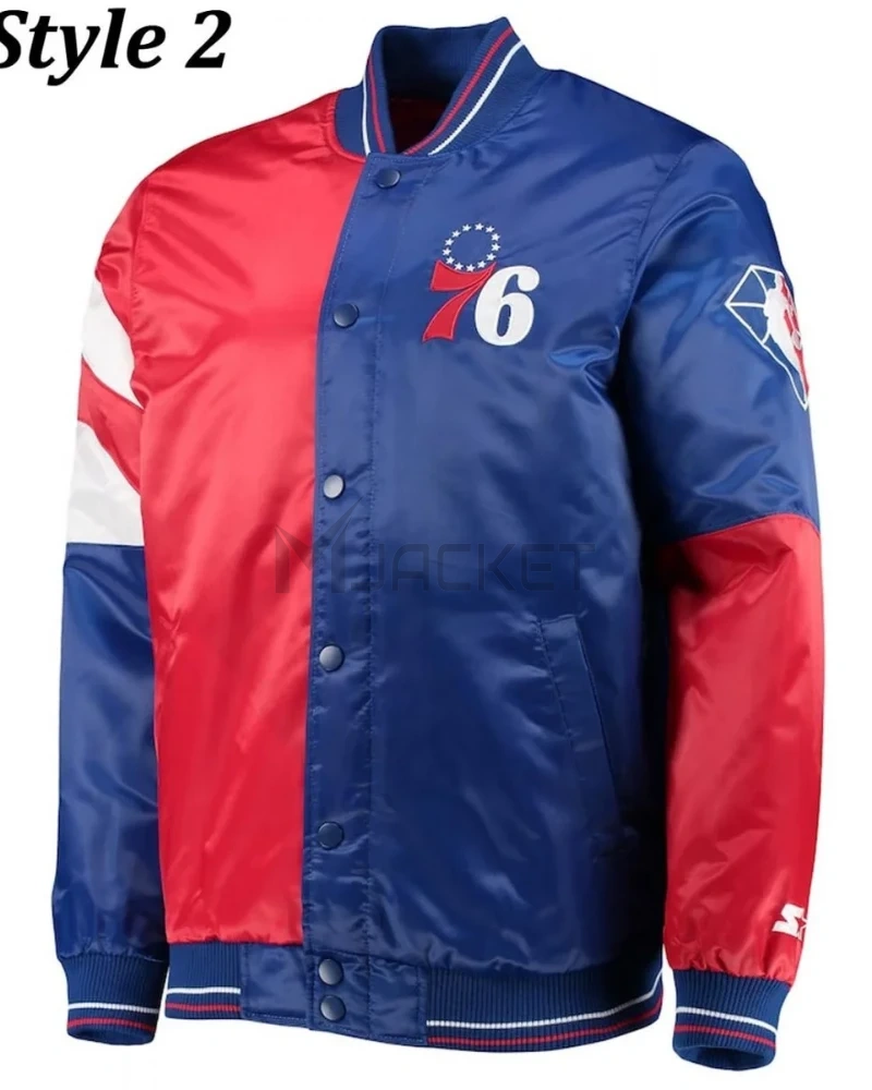 Philadelphia 76ers Red and Royal Blue Varsity Satin Jacket - image 2