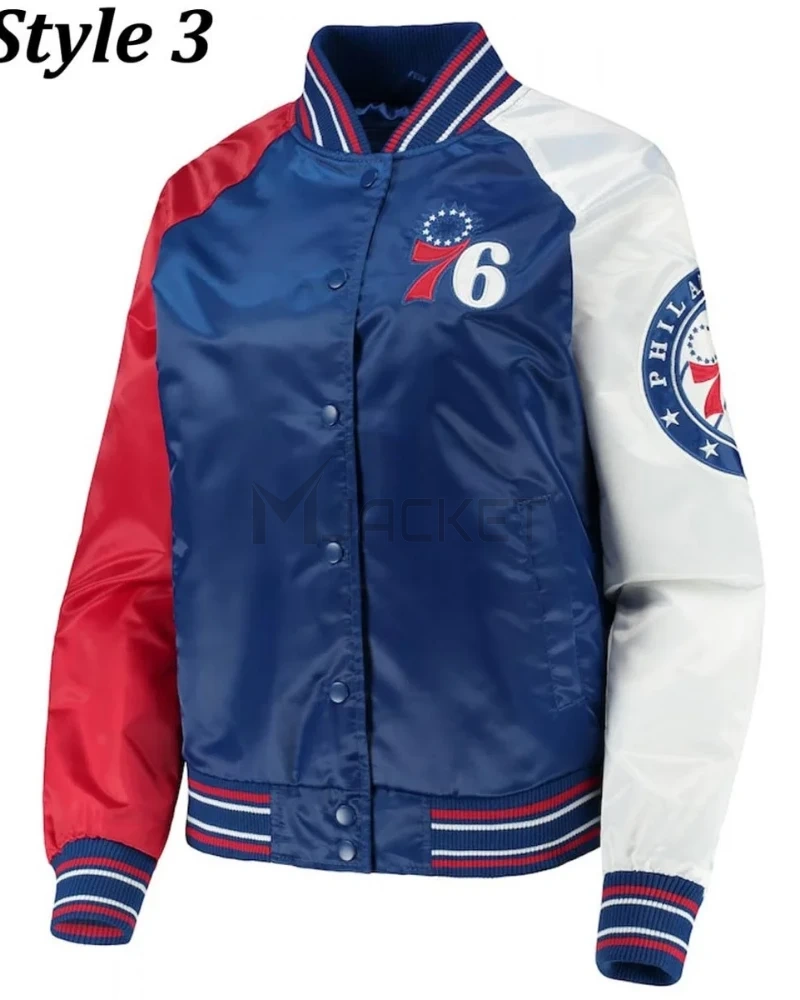 Philadelphia 76ers Red and Royal Blue Varsity Satin Jacket - image 3
