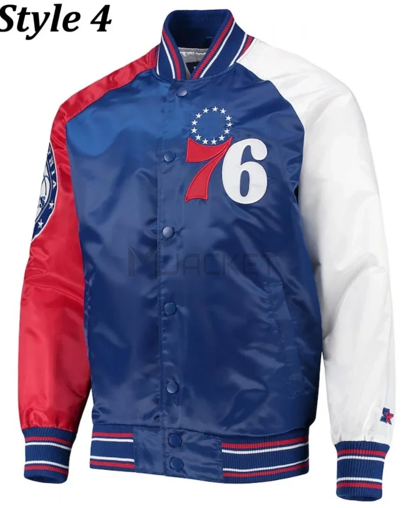 Philadelphia 76ers Red and Royal Blue Varsity Satin Jacket - image 4