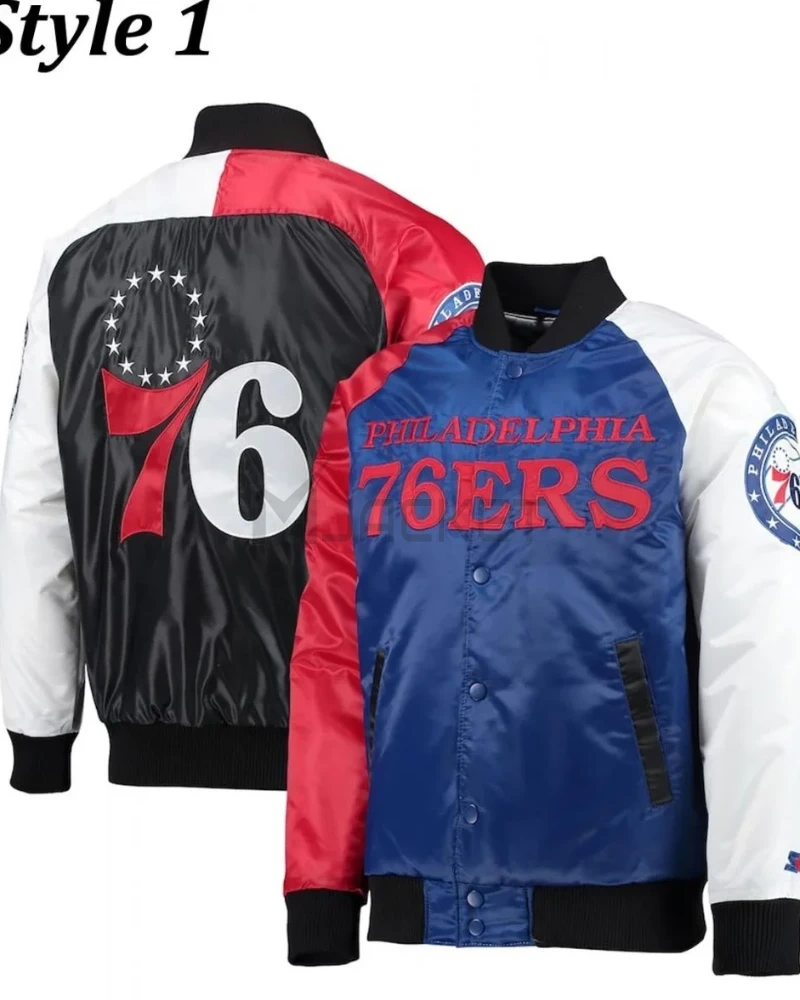 Philadelphia 76ers Red and Royal Blue Varsity Satin Jacket - image 9