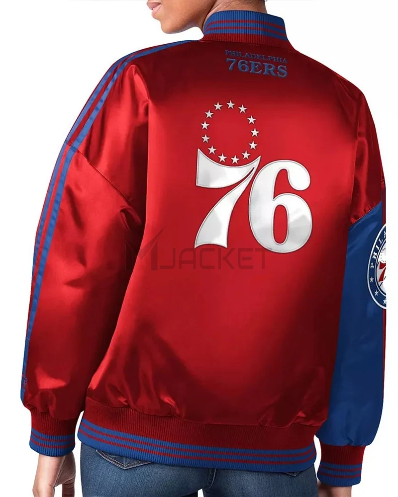 Philadelphia 76ers Split Colorblock Blue and Red Satin Jacket - image 2