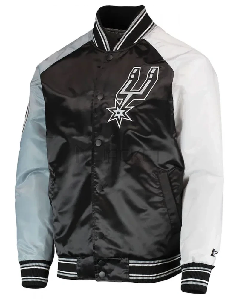 San Antonio Spurs Reliever Raglan Varsity Satin Black and Grey Jacket - image 1
