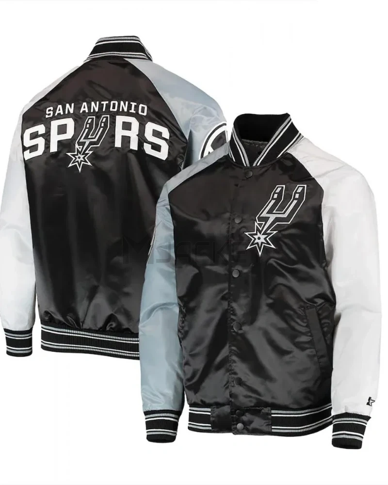 San Antonio Spurs Reliever Raglan Varsity Satin Black and Grey Jacket - image 3