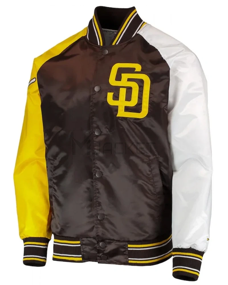 San Diego Padres Raglan Reliever Brown and Gold Satin Varsity Jacket - image 1