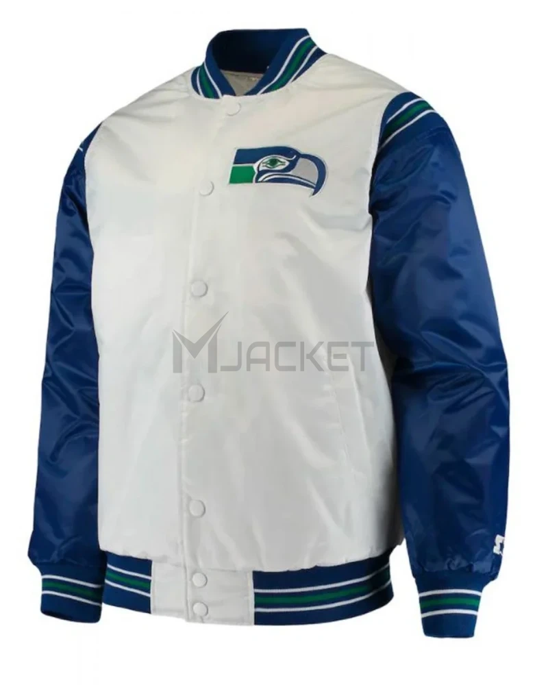 Seattle Seahawks Varsity Blue and White Satin Jacket - image 1