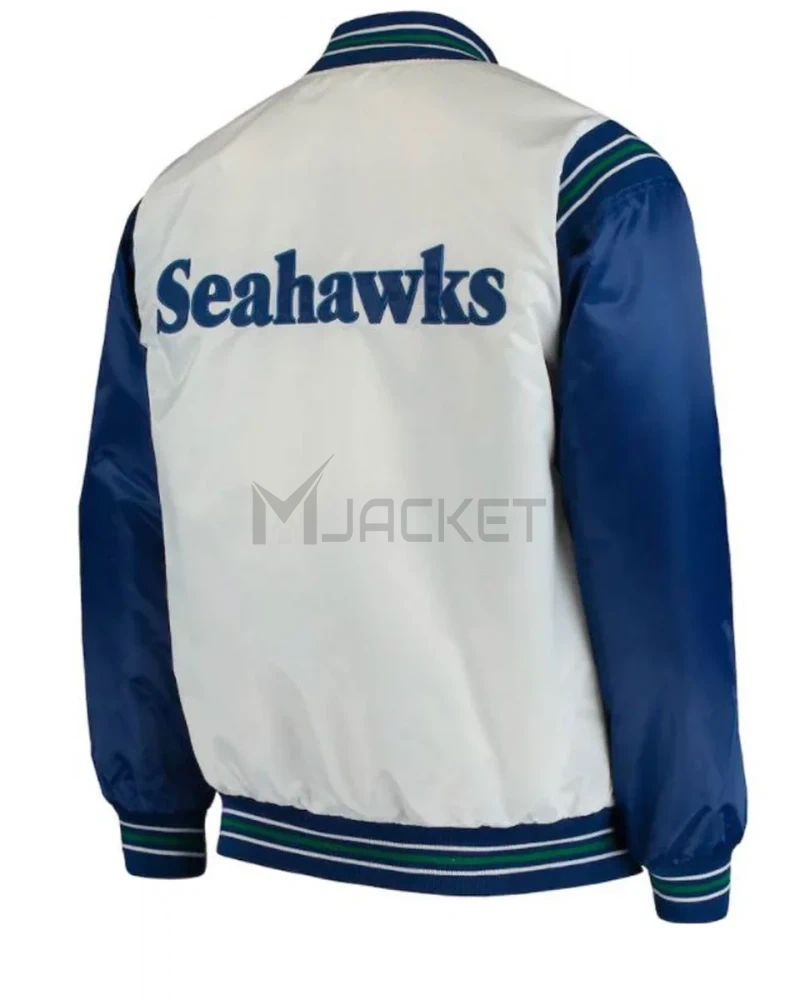 Seattle Seahawks Varsity Blue and White Satin Jacket - image 2
