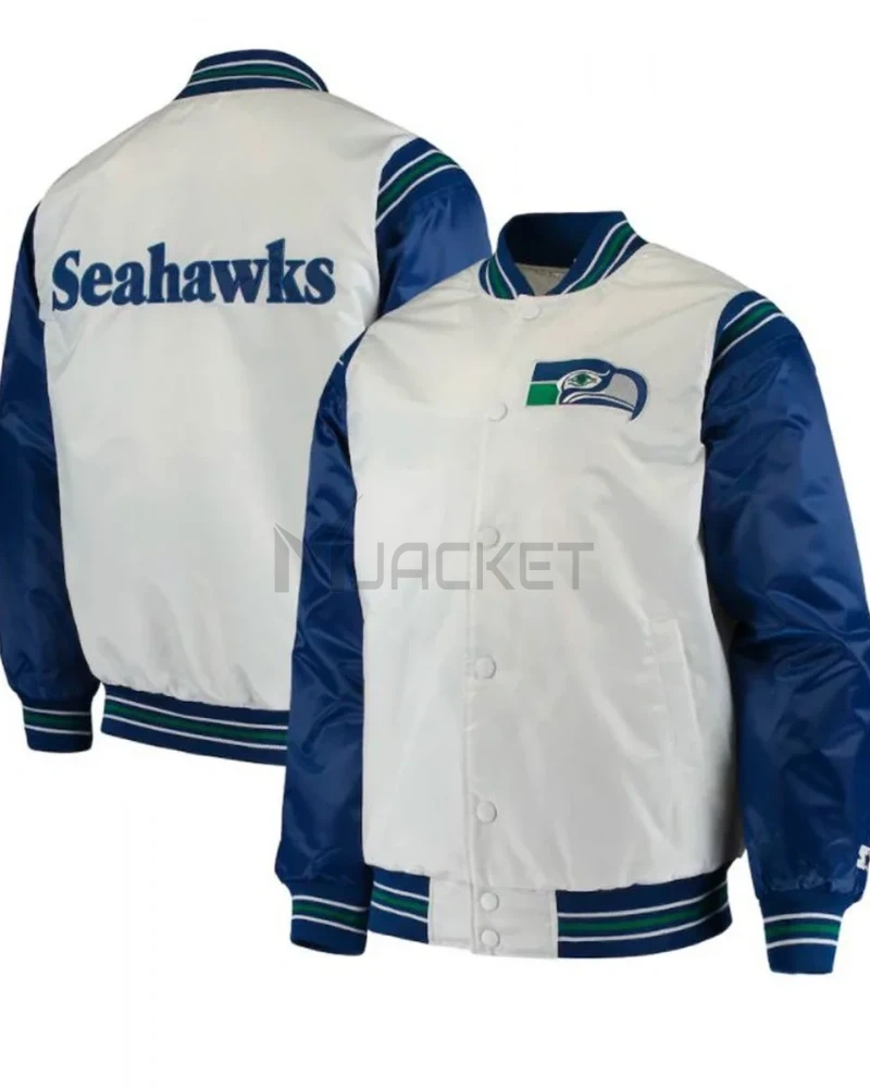 Seattle Seahawks Varsity Blue and White Satin Jacket - image 3