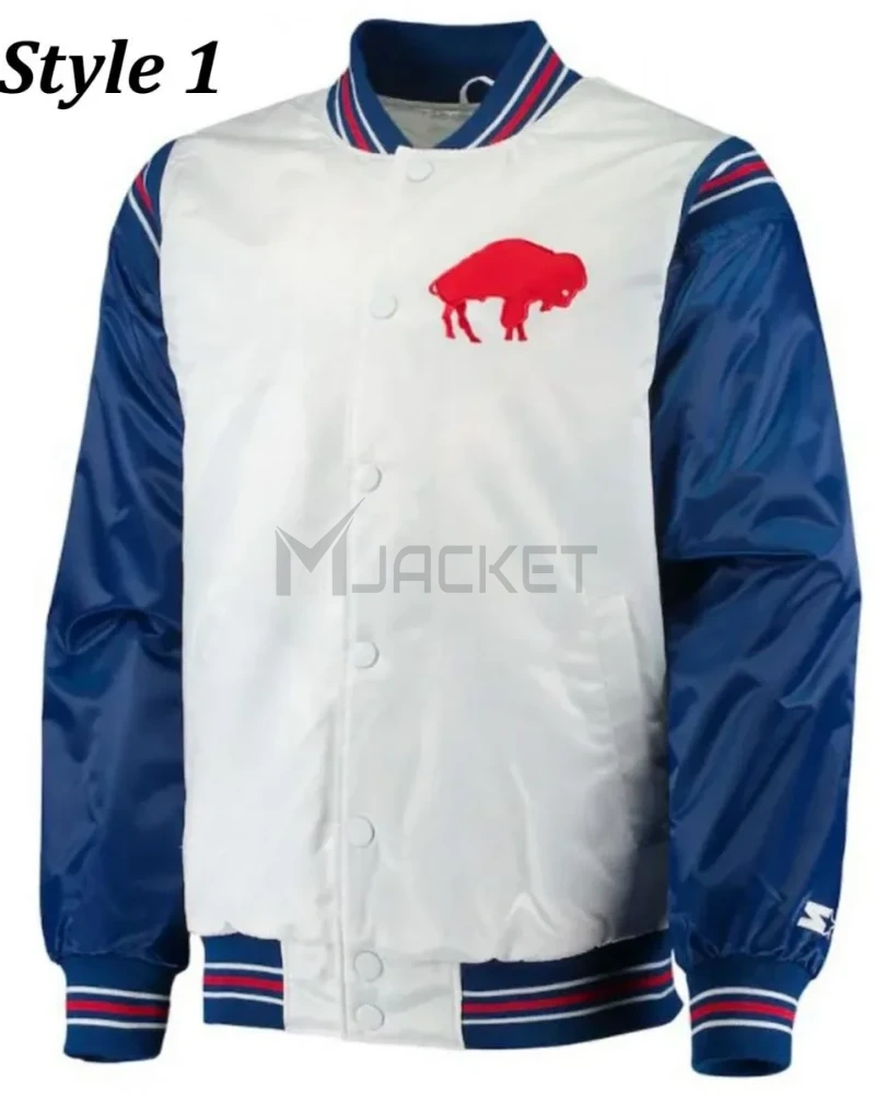 Starter Buffalo Bills Bomber Blue and White Satin Jacket - image 1