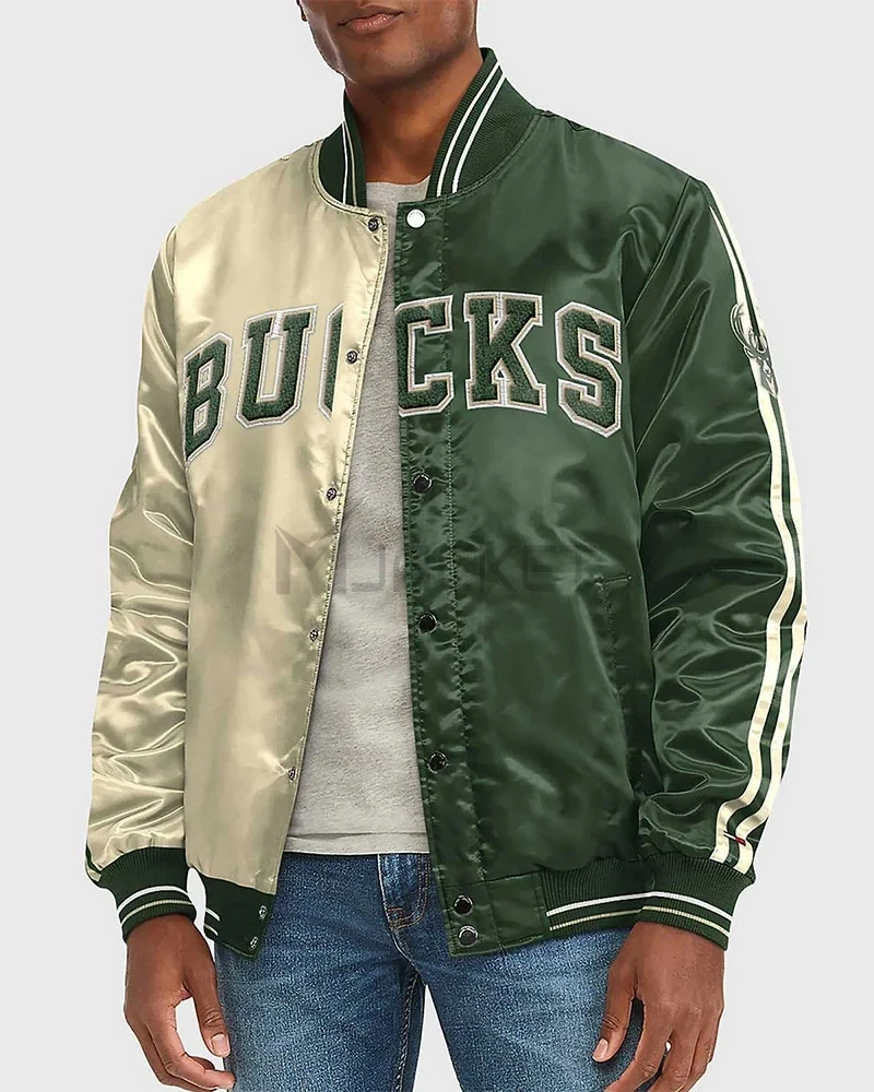 Varsity Milwaukee Bucks Off White/Green Satin Jacket - image 1