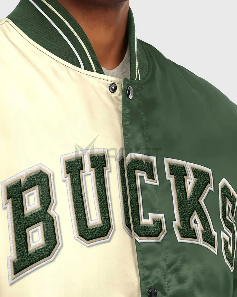 Varsity Milwaukee Bucks Off White/Green Satin Jacket - image 3