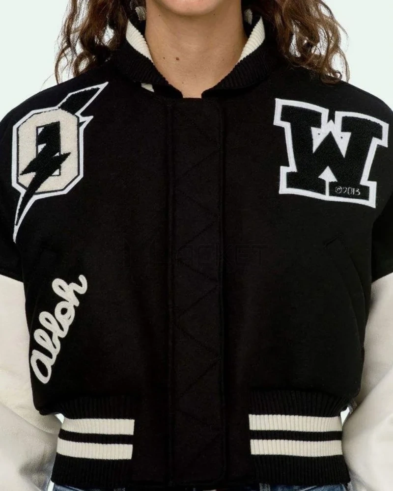 Varsity Off White Cropped Black and White Jacket - image 6