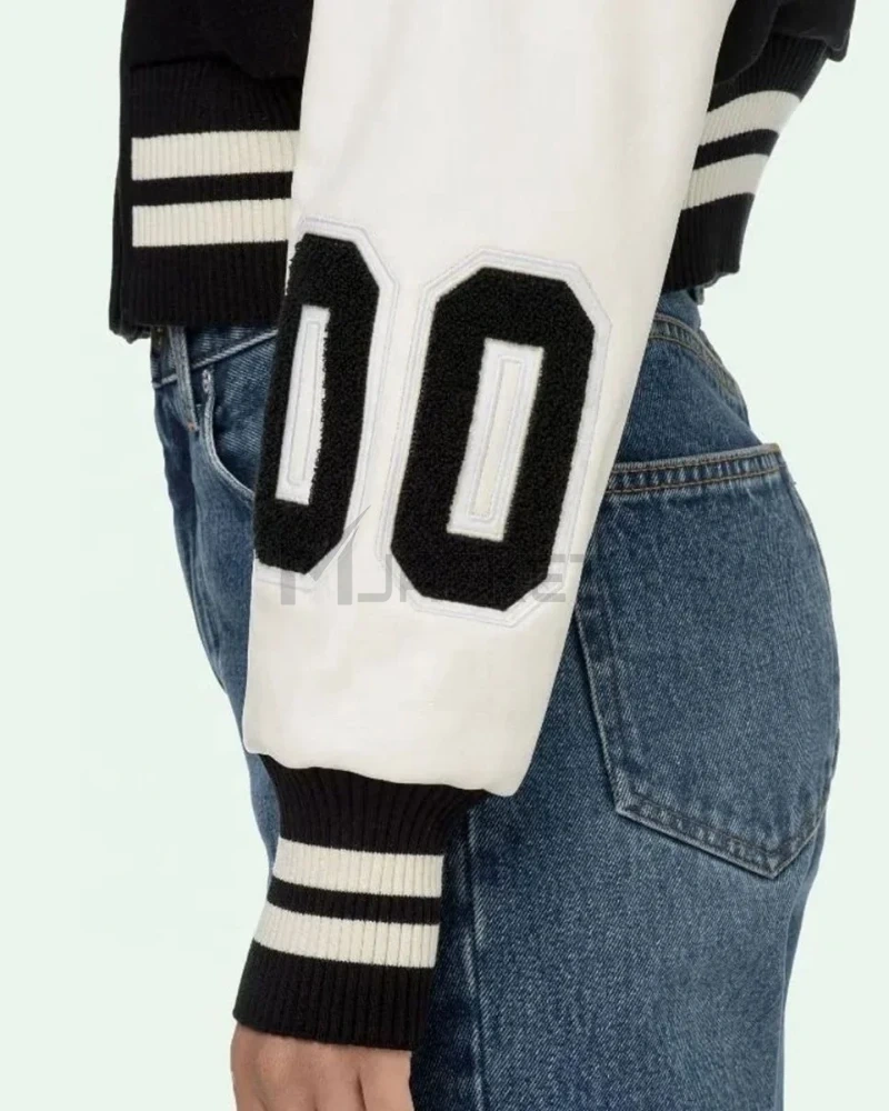 Varsity Off White Cropped Black and White Jacket - image 8