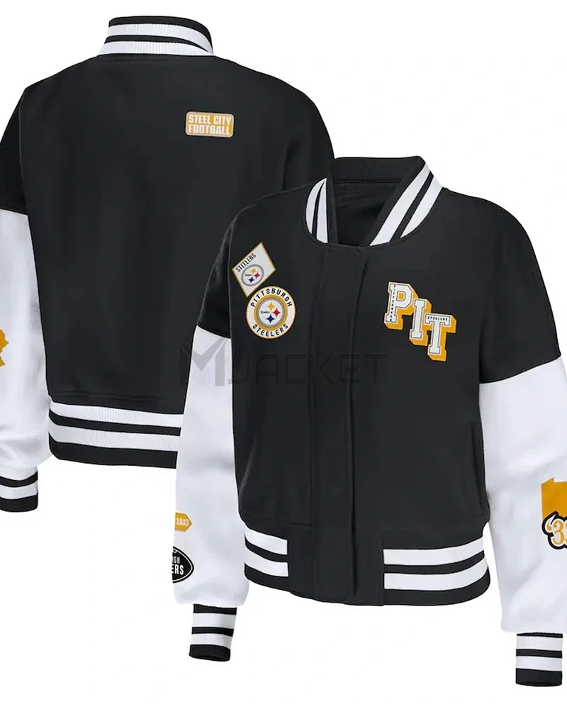 Varsity Pittsburgh Steelers Erin Andrews Black and White Jacket - image 3