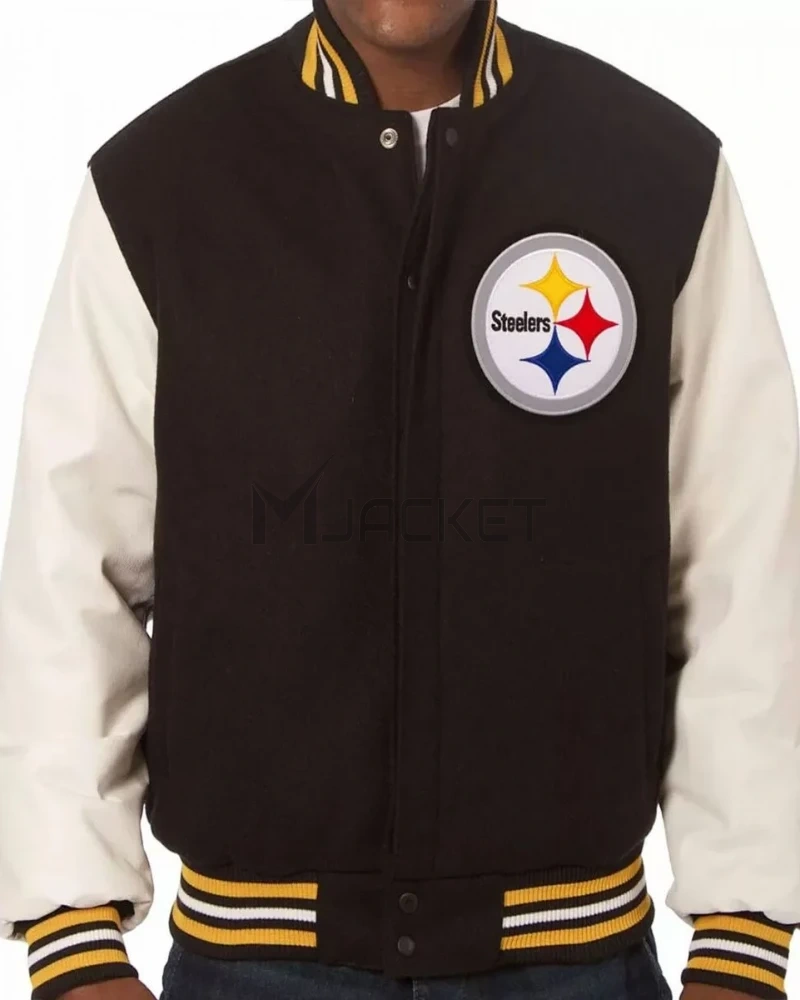 Varsity Pittsburgh Steelers White and Black Wool/Leather Jacket - image 1