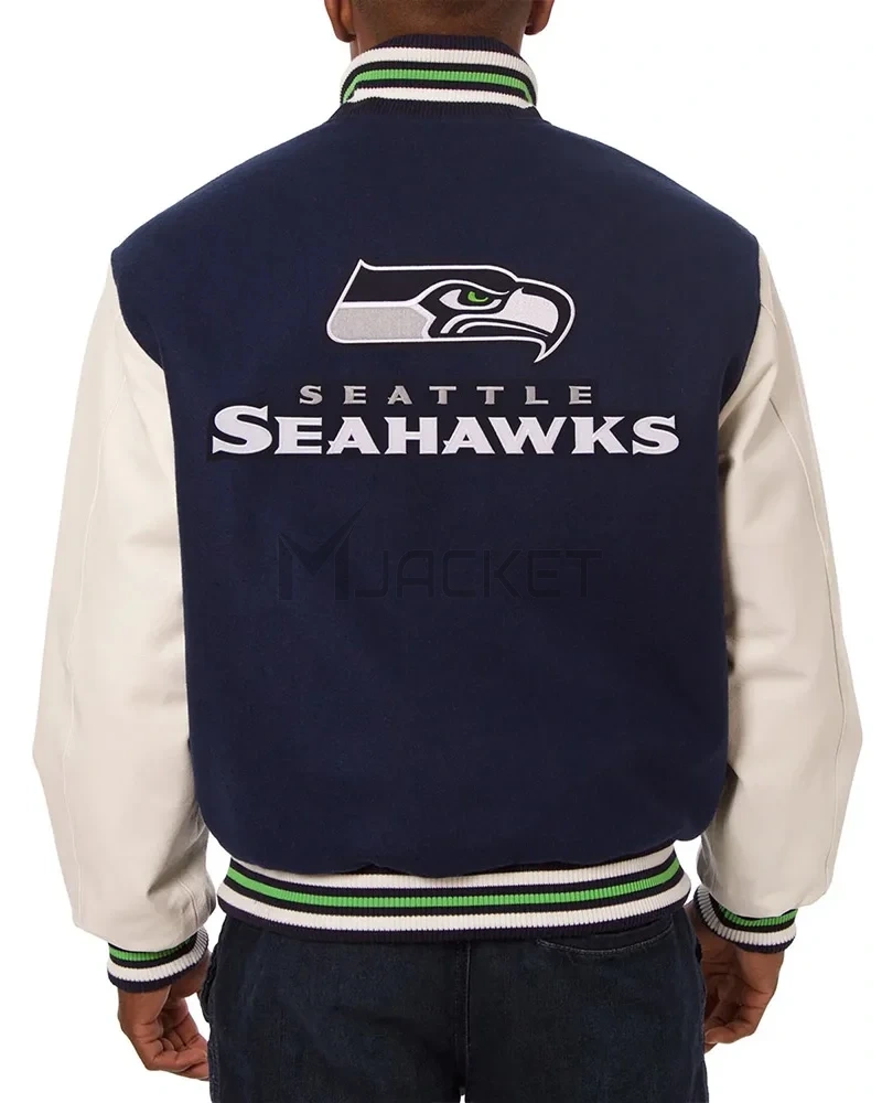 Varsity Seattle Seahawks Blue and White Two-Tone Jacket - image 2